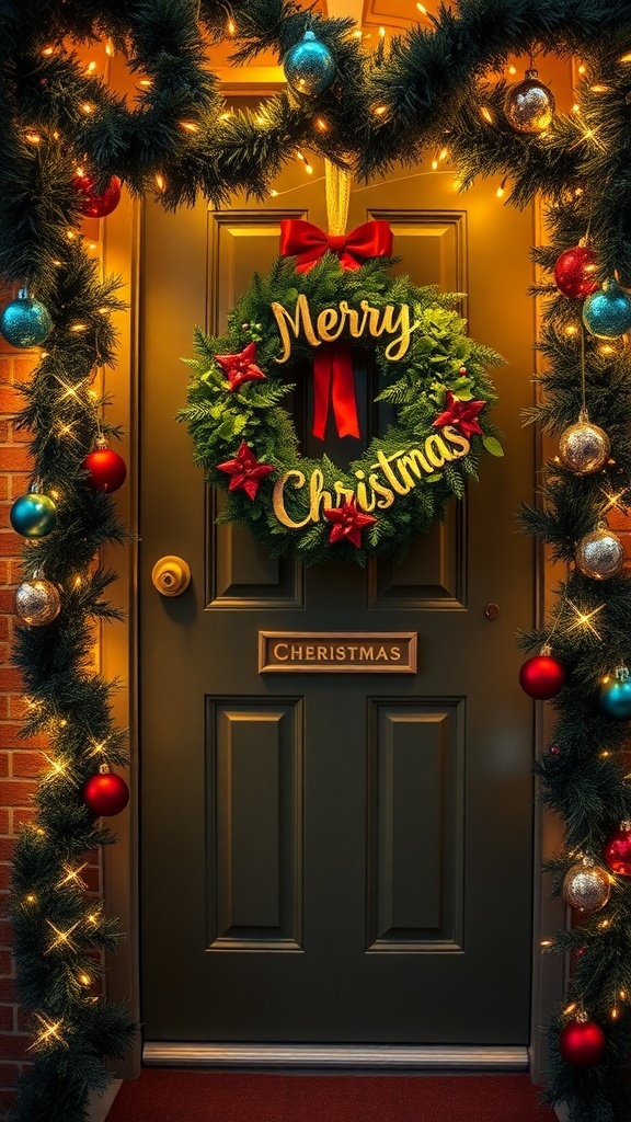 A festive Christmas door decorated with a wreath, lights, and garlands.
